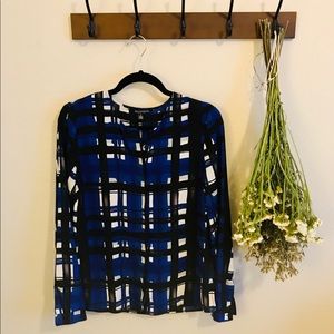 Blue, Black and White Abstract Plaid Blouse